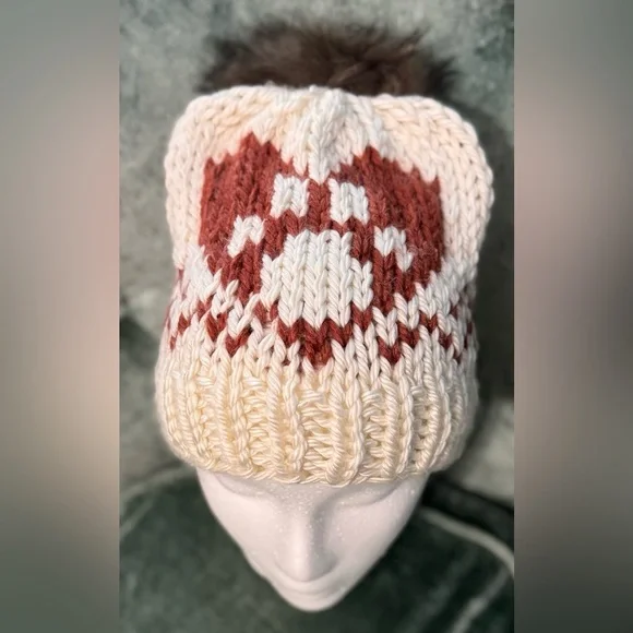 Handmade Hand Crafted Knit Better Together Hat Cream and Rust Adult sized - Picture 2 of 3
